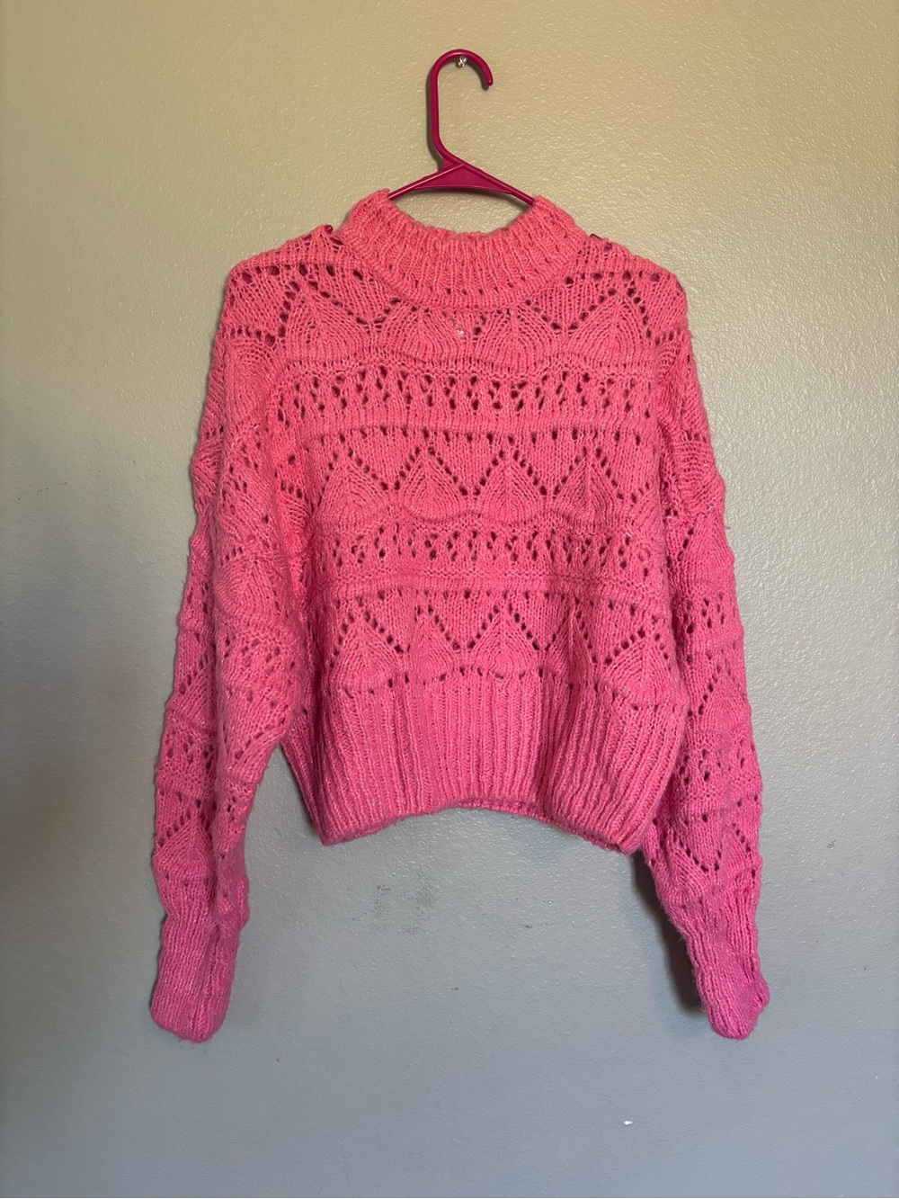 Cozy Pink Open-Knit Mock Neck Sweater